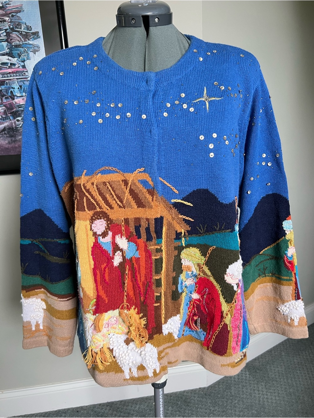 Design Options XL Christmas Nativity Manger Sweater Cardigan 3 Kings Day
